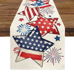 May include: A patriotic table runner featuring star and firework designs in red, white, and blue. The stars have stripes and star patterns, with a cream-colored background. Perfect for a 4th of July celebration or other patriotic events.