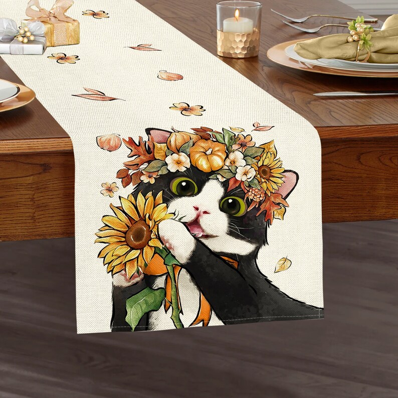Fall Black Cat Table Runner, Autumn Kitty Kitten Sunflower Pumpkin ...