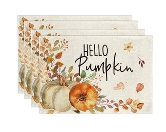 Hello Pumpkin Placemats | Fall leaves Decor | Table Decor | Thanksgiving Day Placemat | Holiday Decoration | Farmhouse Placemats