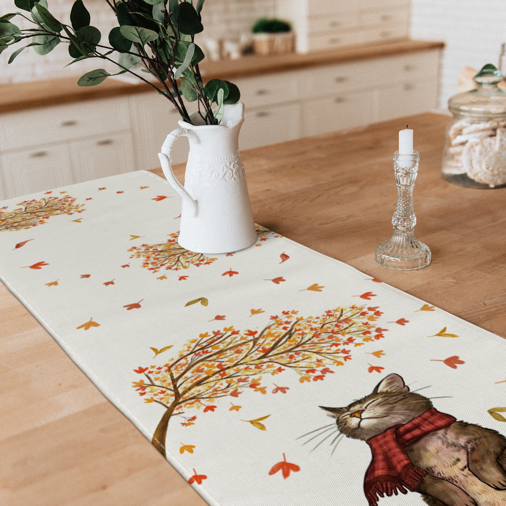Fall Cat With Leaves Table Runner, Holiday Decor, Pumpkin Table Runner ...