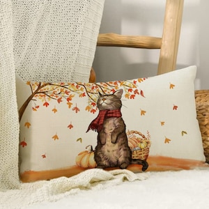 Fall Cat With Leaf Pillow Cover, Pumpkin Pillow, 12x20 In, Farmhouse Pillow, Seasonal  Decor, Fall Decor, Decorative Pillow