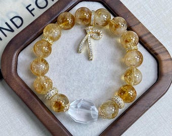 Natürliche Citrin und Bergkristall Perlen Armband - Handgemacht mit Gold - Plated & Cubic Zirkonia Verzierungen