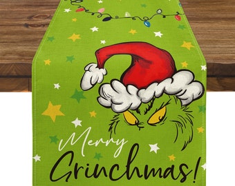 Grinch Table Runner | 13 × 72 inches Christmas Decor | Winter Decor | Merry Grinchmas Table Runner | Linen Table Runner
