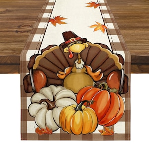 Thanksgiving Thankful Turkey Table Runner,  Buffalo Plaid Pumpkin Maple Leaves Fall Kitchen Dining Table Decoration for Outdoor Home Party