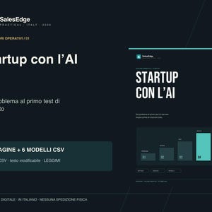 Op de afbeelding: Een digitaal document met een donker thema getiteld Startup con l'AI, met de ondertitel Dal problema al primo test di mercato. Het bevat 14 pagina's, 6 CSV-sjablonen en een staafdiagram met de labels 01, 02, 03 en 04 in een blauwgroene kleur.