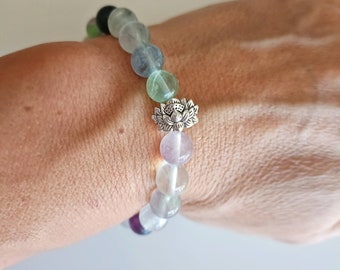 Rainbow fluorite bracelet, fluorite crystal bracelet, Crystal Healing Bracelet, lotus Stretch bracelet, GradeAAA, Fluorite Gemstone Bracelet