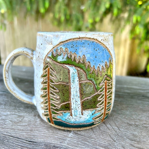 Oregon Waterfall Forest Handmade Ceramic Pottery Mug | Silver Falls State Park Willamette Valley PNW Carved Coffee Cup | Pine Tree Forest