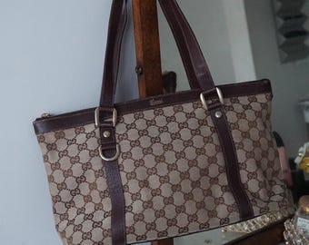 Auth Gucci Nylon Abbey Leather Tote