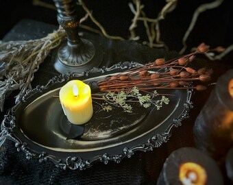 Oval Offering Dish, Etched Silver Platter, Witchy Alter Tools, Gothic Home Decor, Dark Academia