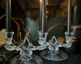 New Martinsville Glass Etched Double candle Holder Pair, Cut Floral Base, Candle Decor, Vintage Candlesticks