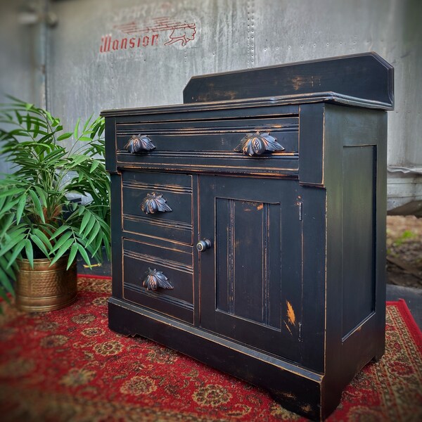 Gabinete de fregadero seco vintage negro Distressed