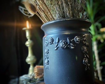 Gothic Floral Glazed Ceramic Planter, Gothic Home Decor, Planter Decor, Black Vase, Black Decor