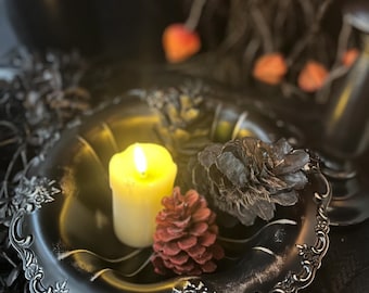 Black Witch Offering Bowl • Silver Ritual Dish • Gothic Altar Decor