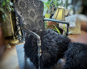 Gothic Black Damask and Faux Fur Vintage Chair and Foot Stool, Gothic Furniture, Gothic Victorian, Vintage Chair