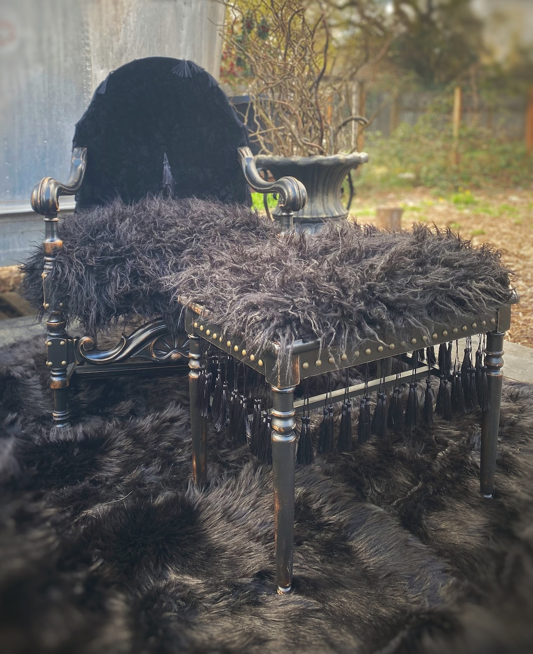 Gothic Faux Fur and Crushed Velvet Throne Chair With Stool, Gothic ...
