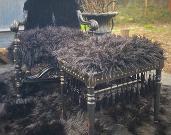 Gothic Faux Fur and Crushed Velvet Throne Chair with Stool, Gothic Victorian, Goth Furniture, Goth Decor