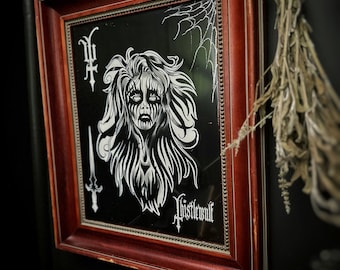 Black Metal Girl Print in Vintage Frame, Gothic Home Decor, Original Art, Gothic Wall Art, Gallery Wall Decor