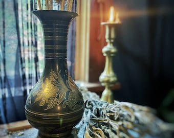 Vintage Smoke Colored Etched Brass Vase, Gothic Vase, Witchy Decor