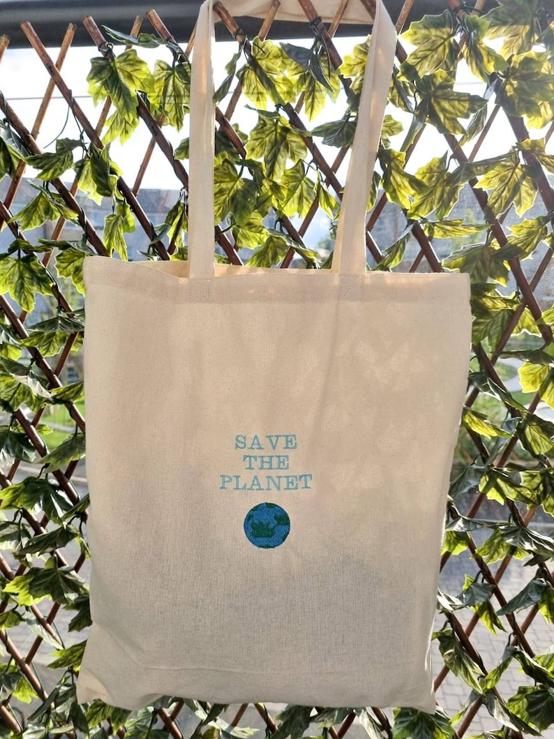 Embroidered 'SAVE THE PLANET' Tote Bag. 