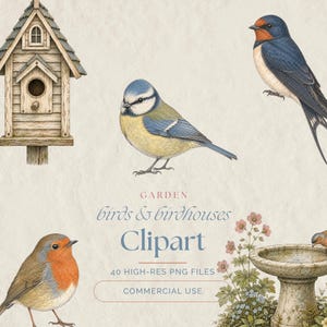 Op de afbeelding: Een digitale illustratieset met een houten vogelhuisje, een pimpelmees, een boerenzwaluw, een roodborstje en een stenen vogelbad met bloemen. De tekst luidt: GARDEN birds & birdhouses Clipart 40 HIGH-RES PNG FILES COMMERCIAL USE.