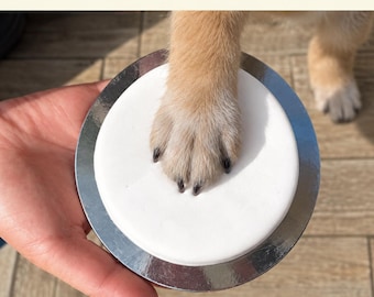 May include: A No Mess Paw Print Kit featuring a circular white clay disc with a tan dog paw pressed into the surface. The disc is set on a reflective silver circular base, capturing the impression of the paw pads and dark claws in the material.