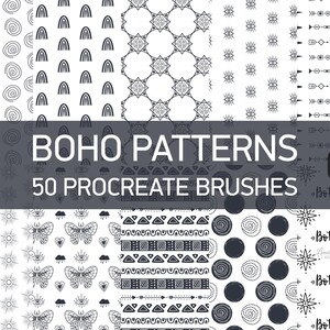May include: A selection of black and white boho patterns. The image showcases diverse designs, such as spirals, rainbows, stars, arrows, and geometric shapes. Text reads "BOHO PATTERNS 50 PROCREATE BRUSHES".