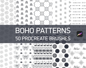 Boho Muster Procreate Pinsel | 50 Nahtloses Muster Pinselset | Handgezeichnetes Dekor