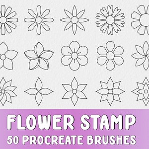 May include: A set of 50 Procreate brushes featuring 15 different flower stamp designs. The flower stamps are black and white line drawings.