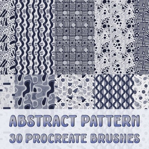 May include: A set of 30 Procreate brushes featuring abstract patterns in shades of blue and white. The patterns include geometric shapes, dots, lines, and swirls.