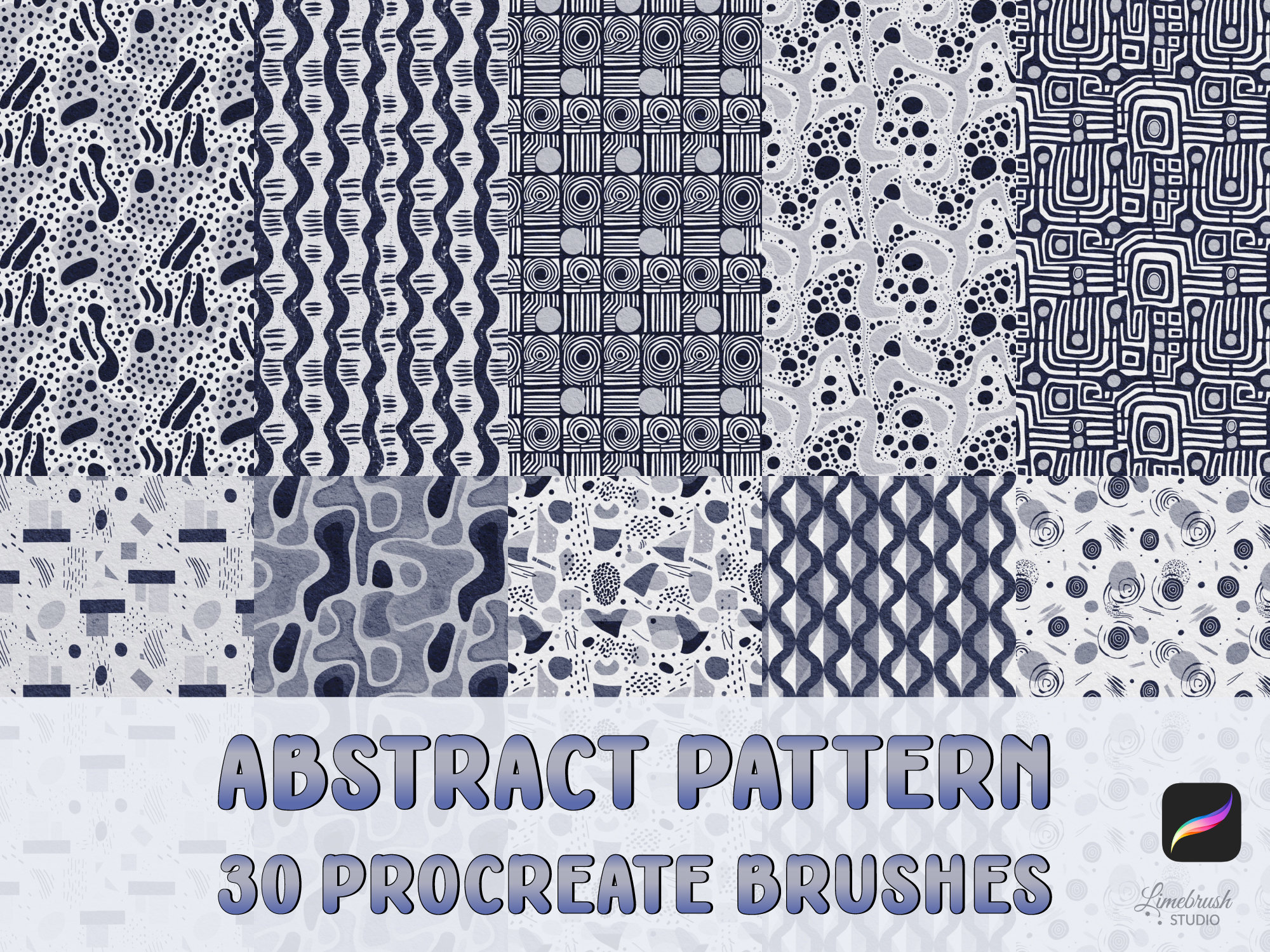 Pinceles de patrones abstractos para Procreate – 30 sellos de patrones sin costuras para collage moderno