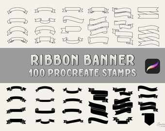 May include: A set of 100 black and white ribbon banner stamps for Procreate. The stamps are in various shapes and sizes, including curved, straight, and angled ribbons. The text "RIBBON BANNER 100 PROCREATE STAMPS" is at the top of the image.