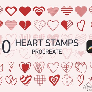 Puede incluir: 50 sellos de corazón para Procreate, una aplicación de arte digital. Los sellos son de color rojo y rosa y presentan varios diseños de corazón, incluidos corazones a cuadros, a rayas y delineados.