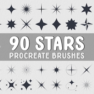 May include: A set of 90 star-shaped Procreate brushes. The image shows a variety of star shapes, including classic five-pointed stars, six-pointed stars, and more abstract star shapes. The text "90 STARS PROCREATE BRUSHES" is displayed in white letters on a gray background.