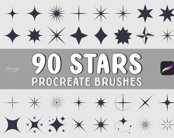 May include: A set of 90 star-shaped Procreate brushes. The image shows a variety of star shapes, including classic five-pointed stars, six-pointed stars, and more abstract star shapes. The text "90 STARS PROCREATE BRUSHES" is displayed in white letters on a gray background.