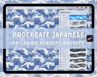 Procreate Japanese Nature Background Brushes | Clouds, Waves, Trees Seamless Pattern | 50 Sky, Water, Birds and Flowers Brushes