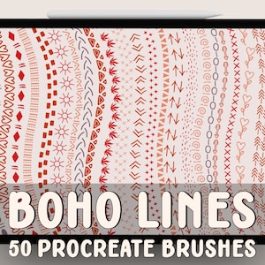 Puede incluir: Una ilustración digital de 50 pinceles de Procreate que presentan una variedad de líneas de estilo boho en rojo, naranja y rosa sobre un fondo blanco. El texto "BOHO LINES" y "50 PROCREATE BRUSHES" se muestra en la parte inferior de la imagen.