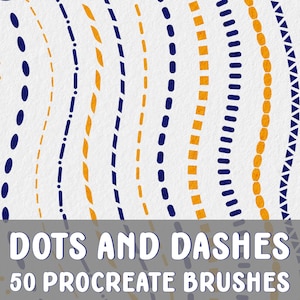 Könnte beinhalten: Ein Set mit 50 Procreate-Pinseln mit Punkten und Strichen in Blau und Gelb. Die Pinsel sind in geschwungenen Linien auf weißem Hintergrund angeordnet.