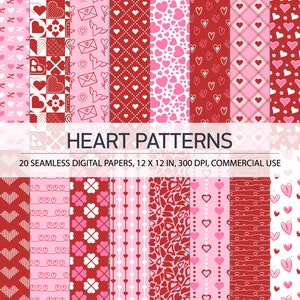 20 Heart Seamless Digital Papers | Valentine's Day Patterns | Pink and Red Love Backgrounds