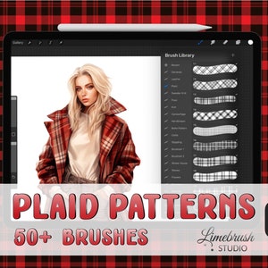 May include: A digital illustration of a woman wearing a red and black plaid coat. The image is on a tablet screen with a digital art app open, showing a brush library with 50+ plaid patterns. The text "PLAID PATTERNS 50+ BRUSHES" is displayed below the image. The Limebrush Studio logo is in the lower right corner.