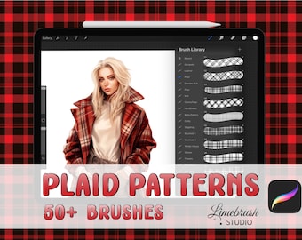 Pincéis de padrão xadrez Procreate | Pincéis sem costura de textura tartan | Mais de 50 pincéis de texturas de tecido Procreate
