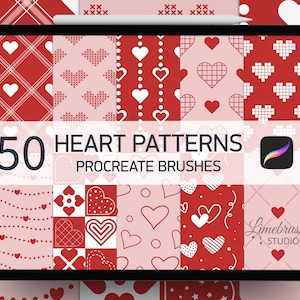 Peut inclure: Un écran de tablette numérique affichant 50 motifs de cœurs pour les pinceaux Procreate. Les motifs sont en rouge et rose avec des cœurs blancs. Le texte "50 HEART PATTERNS" et "PROCREATE BRUSHES" est affiché à l'écran. Le logo Limebrush Studio est dans le coin inférieur droit.