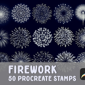 May include: 50 white firework Procreate stamps for digital art and design. The stamps are arranged in rows on a dark blue background. The text "FIREWORK 50 PROCREATE STAMPS" is at the bottom of the image.