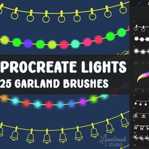Pode incluir: Um conjunto de 25 pincéis Procreate para criar guirlandas de luzes. Os pincéis incluem vários estilos de luzes, incluindo luzes redondas, em forma de estrela e em forma de sino. Os pincéis são projetados para serem usados no aplicativo Procreate no iPad.
