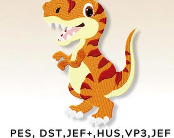 May include: Machine embroidery design of a cartoon orange and red dinosaur. The design is available in the following formats: PES, DST, JEF+, HUS, VP3, JEF, SEW, WWW, VIP, PEC, EXP.