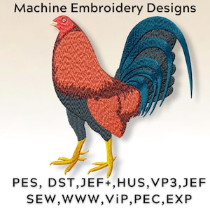 Puede incluir: Diseño de bordado a máquina de un gallo con cuerpo rojo, alas negras y grises y cola azul. El diseño está disponible en los siguientes formatos: PES, DST, JEF+, HUS, VP3, JEF, SEW, WWW, VIP, PEC, EXP.