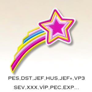 Colorful Shooting Star Machine Embroidery Design - 6 Sizes, Instant Download, PES, DST, JEF, VP3 Formats.