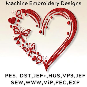 Peut inclure: Un motif de broderie machine rouge en forme de cœur, orné de papillons et de cœurs. Le texte "Machine Embroidery Designs" est en haut. Formats de fichiers de broderie : PES, DST, JEF+, HUS, VP3, JEF, SEW, WWW, ViP, PEC, EXP.