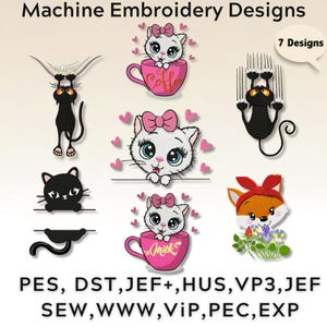 Motifs de broderie chats, broderie machine à faire soi-même, chats à broder machine, Collection 7 motifs, motifs de broderie machine