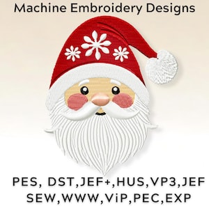 May include: Machine embroidery design of a Santa Claus face with a red hat and white beard. The design is available in multiple formats: PES, DST, JEF+, HUS, VP3, JEF, SEW, WWW, VIP, PEC, EXP.