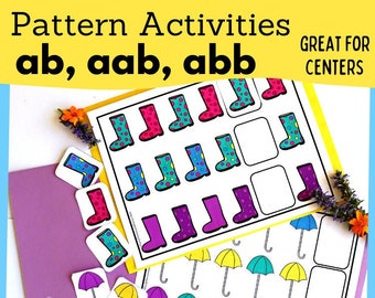 Complete el patrón, juegos de carpetas de archivos, páginas imprimibles de libros ocupados, patrones ab, aab, abb